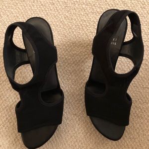 Stuart Weitzman Black Gauze Stretch Heel Sandal